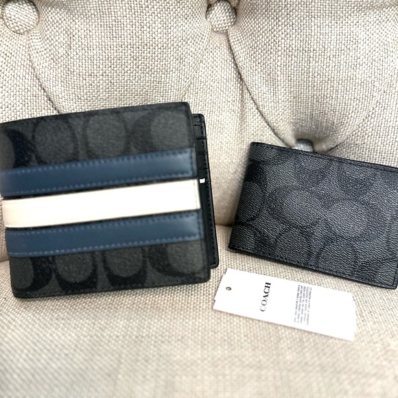 NEW Coach 3 in 1 Men Wallet Signature Canvas Varsity Stripe CW385 Denim/Charcoal - Picture 3 of 7
